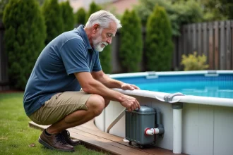 Homme inspectant le système de chauffage d'une piscine hors sol avec une pompe à chaleur en panne dans un jardin résidentiel