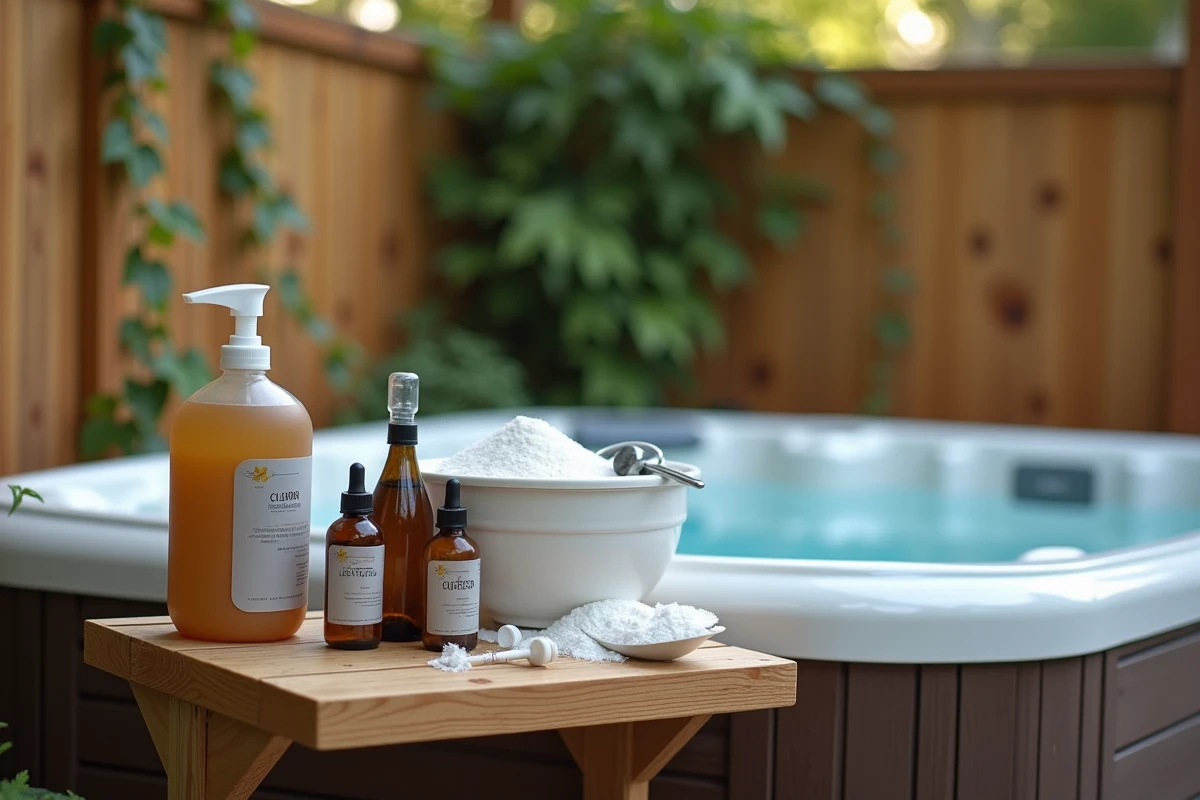 Étagère de produits chimiques pour spa dont du chlore en granulés, illustrant les alternatives et les risques du traitement de l'eau