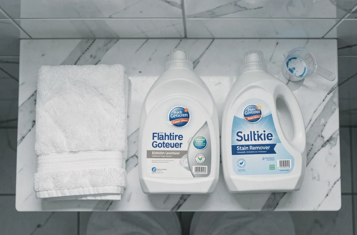 Bouteilles de lessive, assouplissant et détachant alignées sur une étagère de buanderie en marbre blanc