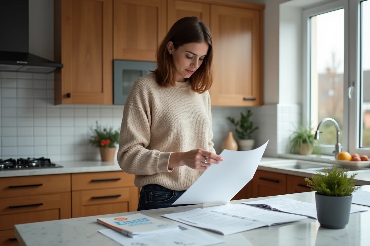 Femme examinant des documents sur le remplacement de chaudière à gaz dans une cuisine moderne, illustrant les enjeux de la transition énergétique
