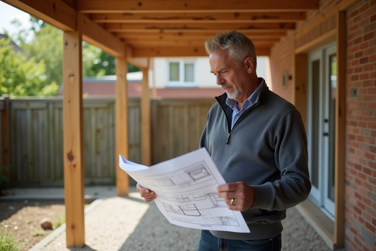 Propriétaire consultant des documents administratifs concernant la régularisation d'un carport en bois construit sans permis dans son jardin