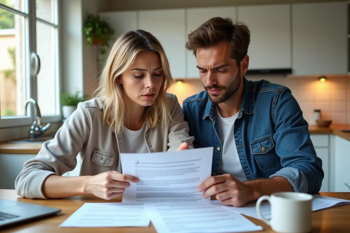 Couple de propriétaires lisant attentivement un devis ou contrat d'isolation à domicile avant de signer