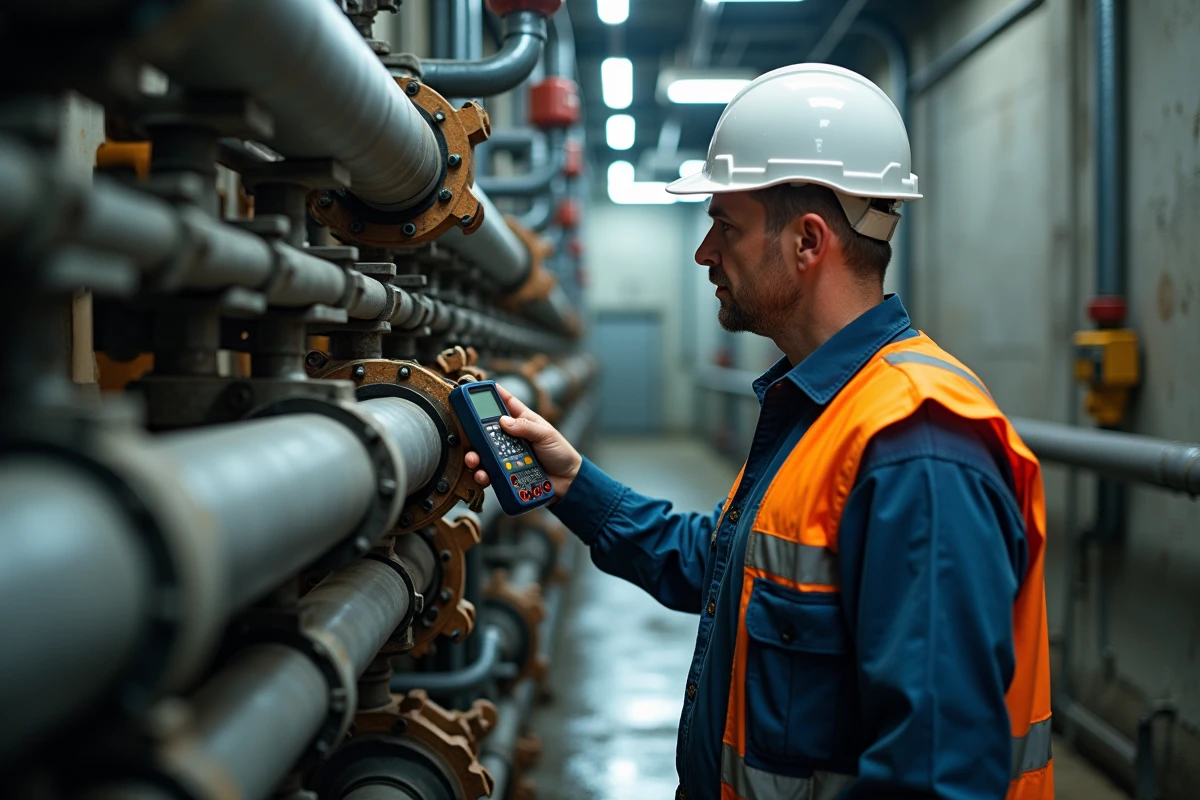 Ingénieur mesurant la protection cathodique d'un réseau de canalisations industrielles pour prévenir l'électrolyse