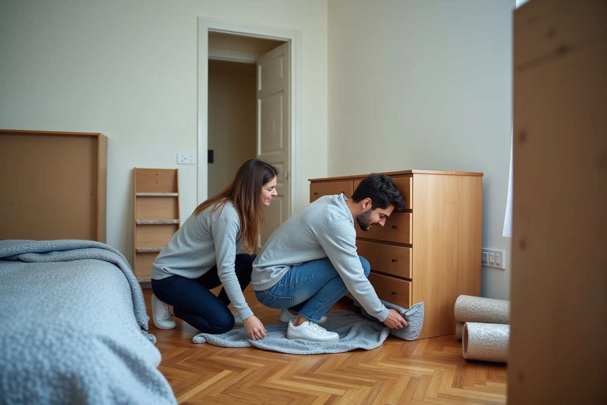 Couple emballant des meubles dans des couvertures de déménagement dans une chambre vidée lors d'une préparation au déménagement