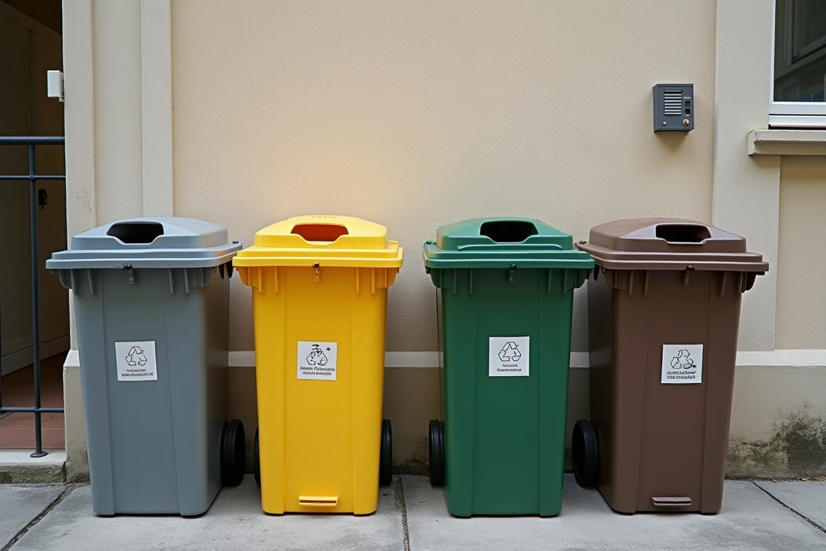 Rangée de quatre poubelles colorées et standardisées dans la cour d'un immeuble résidentiel français