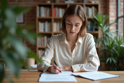 Rédactrice professionnelle relisant des documents annotés à son bureau en open space, illustrant la précision du vocabulaire en contexte professionnel