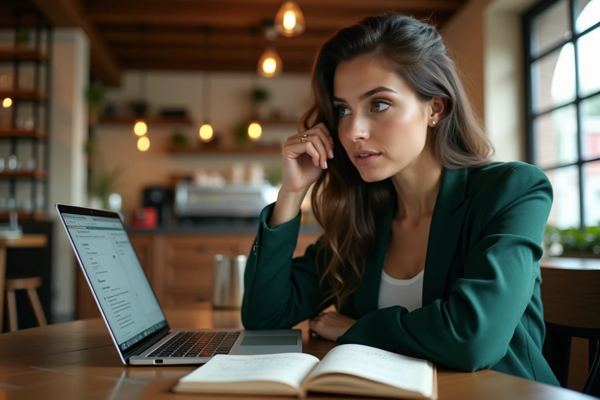 Jeune rédactrice travaillant sur la définition de termes professionnels dans un café, carnet de vocabulaire et ordinateur portable ouverts