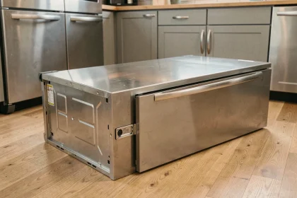 Réfrigérateur couché sur le dos sur un plancher en bois dans une cuisine moderne avant sa remise en position verticale