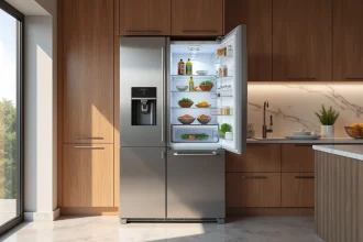 Réfrigérateur Liebherr en acier inoxydable intégré dans une cuisine moderne avec comptoir en marbre et armoires en bois clair
