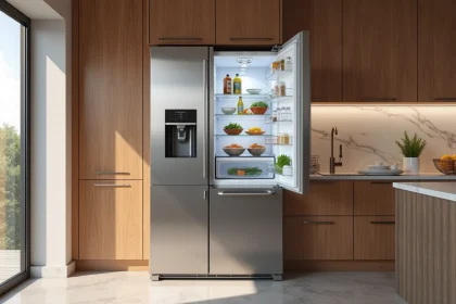 Réfrigérateur Liebherr en acier inoxydable intégré dans une cuisine moderne avec comptoir en marbre et armoires en bois clair