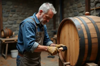 Artisan appliquant de la cire d'abeille pour rendre un tonneau en chêne étanche dans un atelier de tonnellerie rustique