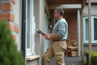Artisan peignant le cadre d'une fenêtre lors de la rénovation extérieure d'une maison en brique