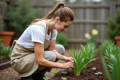 Femme jardinière examinant de nouvelles pousses de lys dans un parterre de jardin au printemps