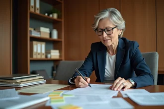 Responsable administrative vérifiant une liste de mobilier avec des documents sur une table de réunion en bois