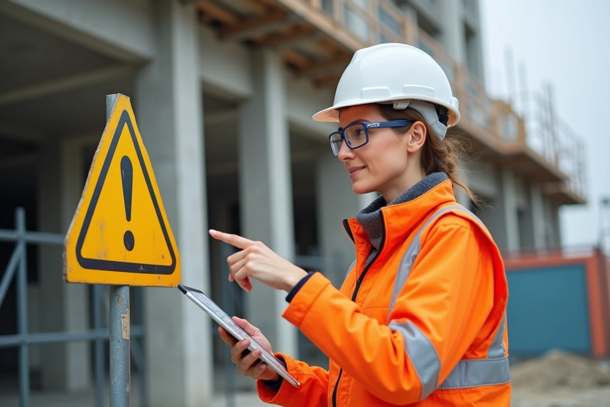 Femme responsable de sécurité inspectant la signalisation sur un chantier de construction