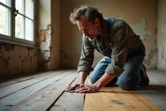 Artisan en train de restaurer un plancher en chêne ancien dans un appartement parisien historique