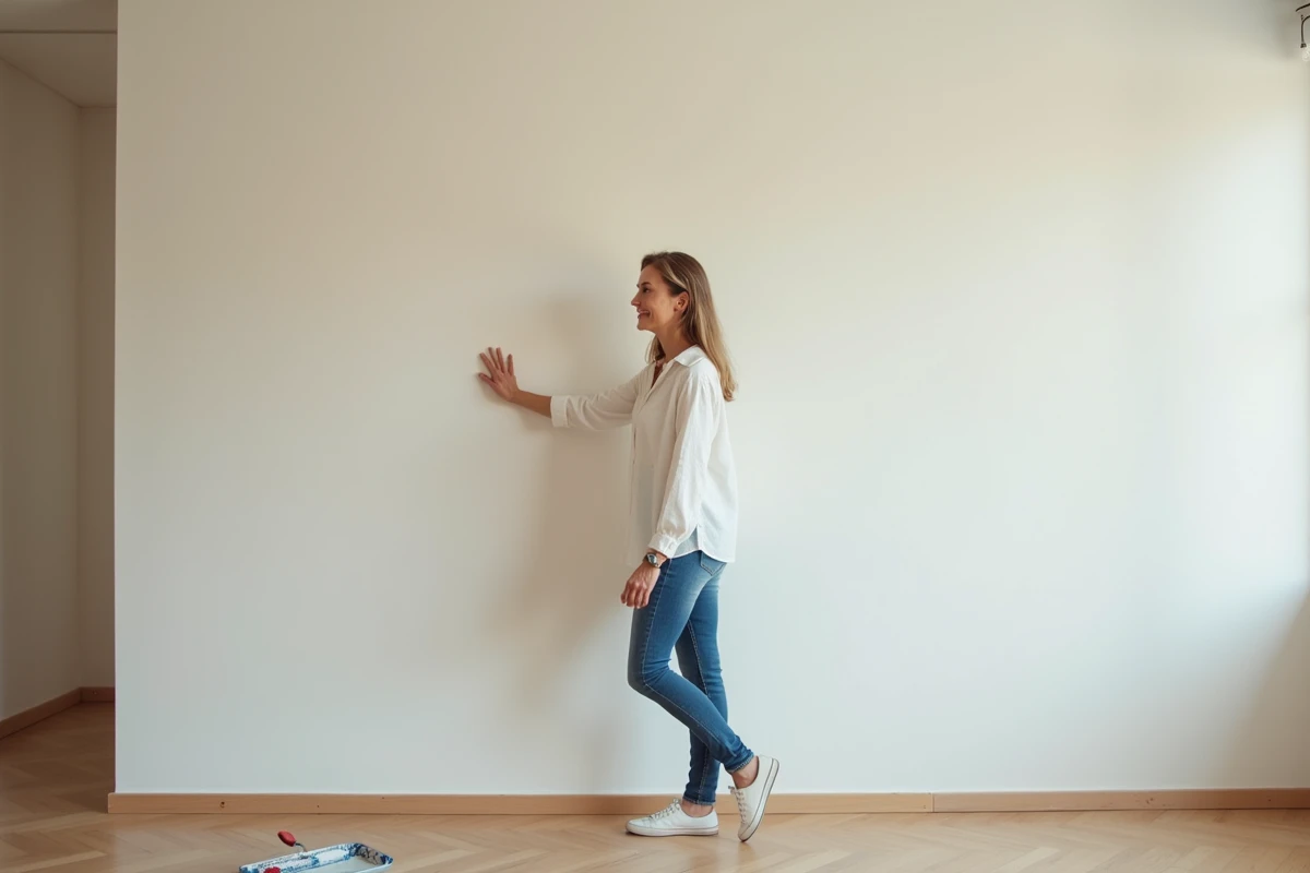 Femme écoutant le silence contre un mur mitoyen isolé phoniquement dans un appartement moderne rénové