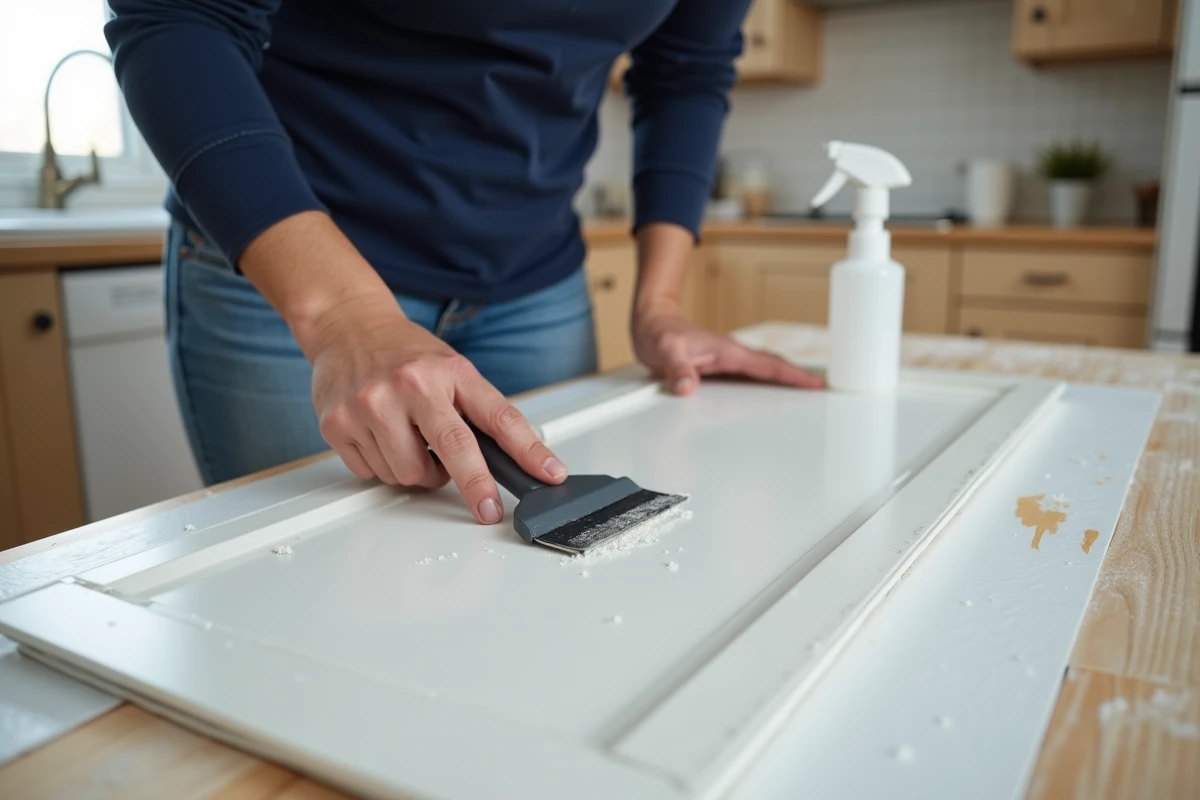 Femme retirant de la colle tenace sur un panneau PVC avec un grattoir et un spray solvant