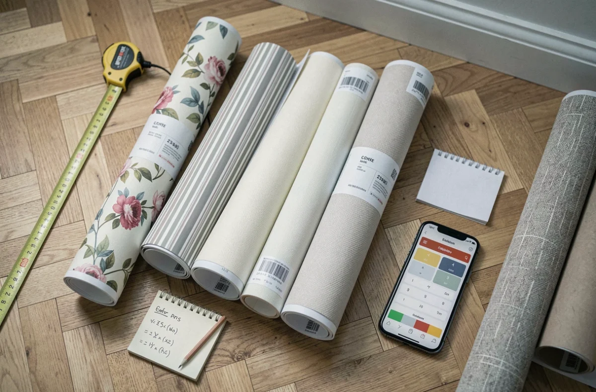 Vue du dessus de plusieurs rouleaux de papier peint sur parquet avec mètre ruban et calculs manuscrits pour estimer la quantité pour 10m²