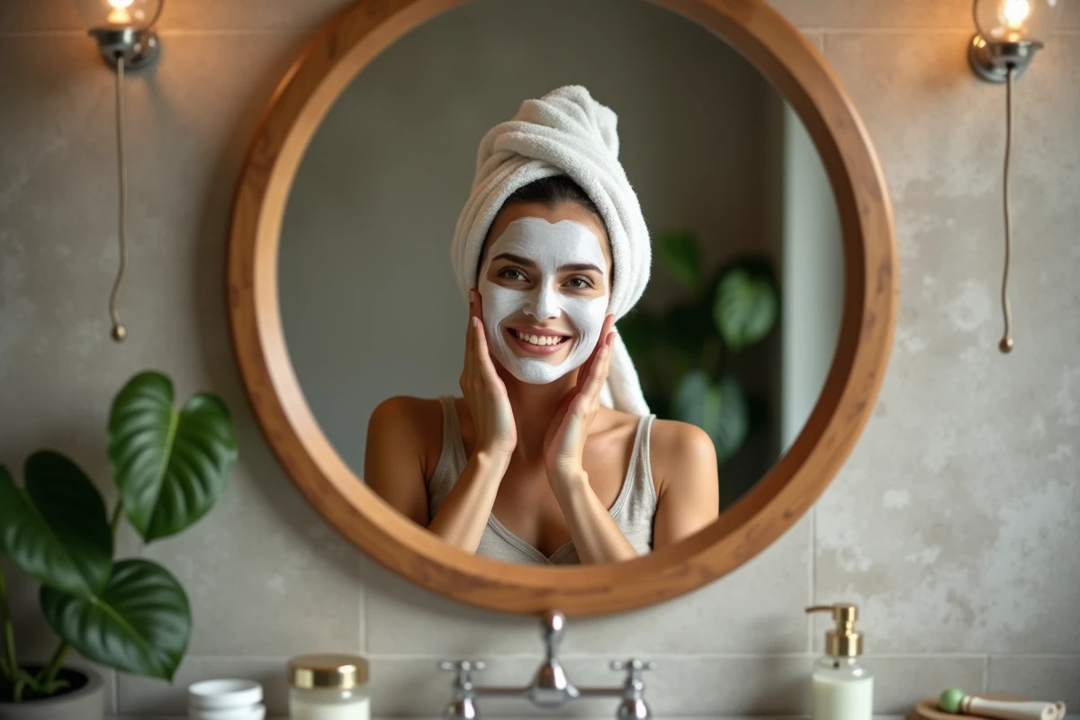 Femme appliquant un masque visage en argile blanche devant un miroir en bois dans une salle de bain cosy inspirée du spa