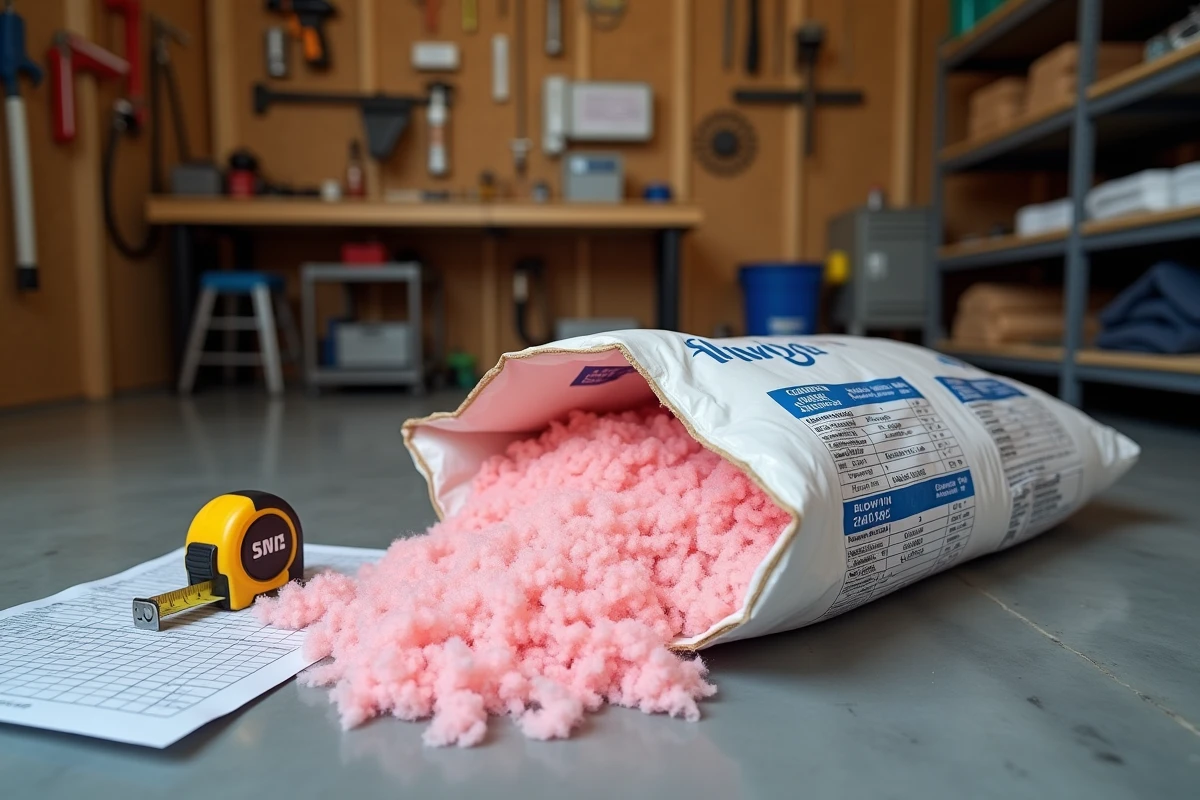 Sac d'isolant soufflé en fibre de verre avec tableau de surface couvrable et mètre ruban sur sol de garage