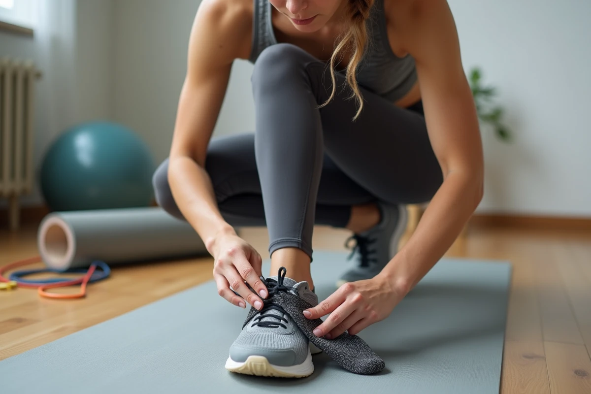 Femme insérant un sachet de charbon actif dans une chaussure de running pour neutraliser les odeurs