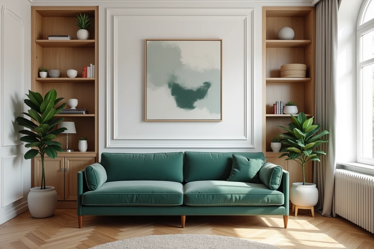 Salon haussmannien entièrement transformé par l'agence de décoration lilloise avec mobilier sur mesure et parquet en chevrons