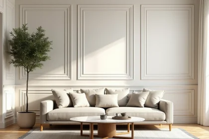 Salon contemporain avec lambris boisé peint en blanc cassé, canapé en lin et table en marbre, tendance décoration 2026