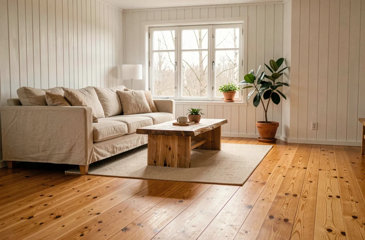 Salon scandinave avec parquet massif en pin posé et décoré, rendu final chaleureux