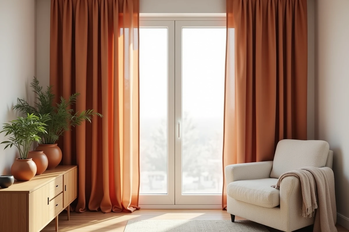 Salon de style scandinave avec rideaux en lin épais terracotta devant une grande fenêtre pour retenir la chaleur