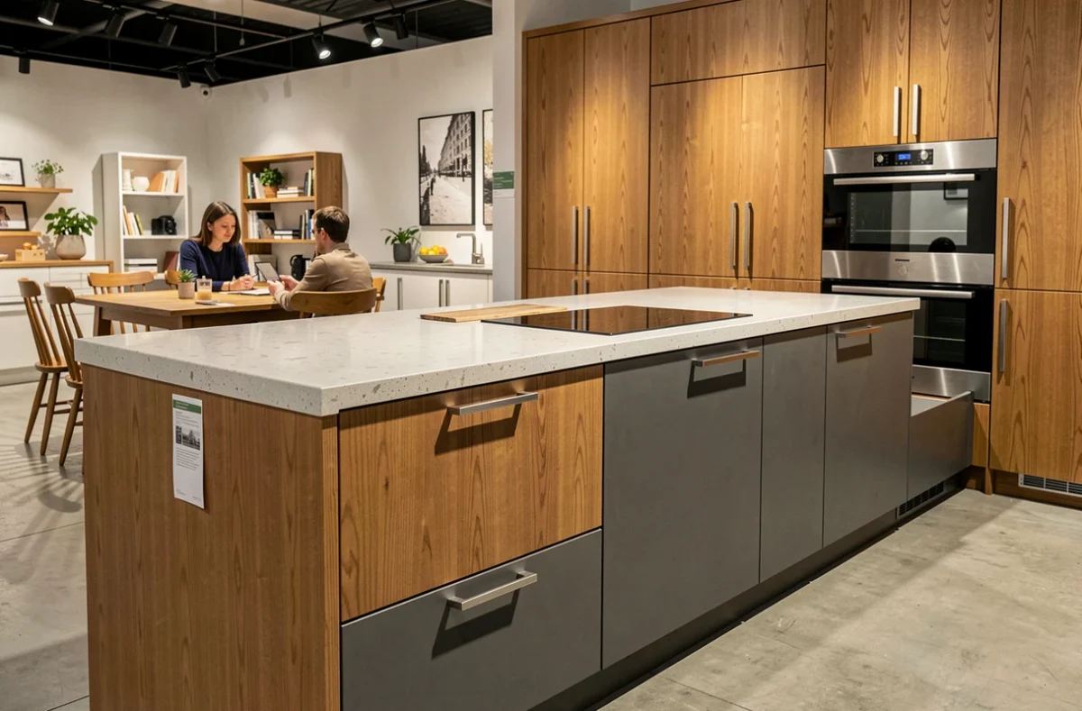 Exposition de cuisine Schmidt Lille en chêne chaud et gris anthracite avec plan de travail en quartz et coin repas