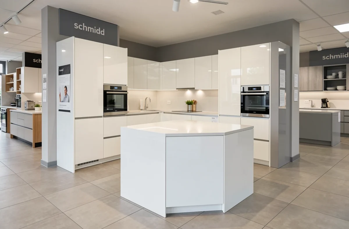 Showroom Schmidt à Villabé Corbeil-Essonnes avec cuisine intégrée moderne exposée