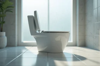 Siège de toilette fissuré et mal fixé sur une cuvette blanche dans une salle de bain moderne
