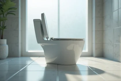 Siège de toilette fissuré et mal fixé sur une cuvette blanche dans une salle de bain moderne
