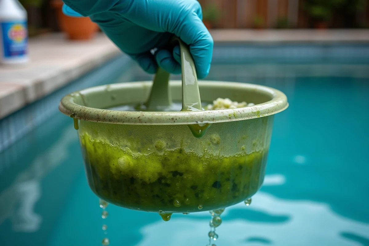 Panier de skimmer sorti d'une piscine rempli d'eau verte et de débris d'algues