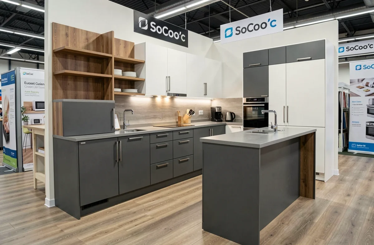Cuisine SoCoo'c en gris anthracite et blanc avec étagères bois en showroom