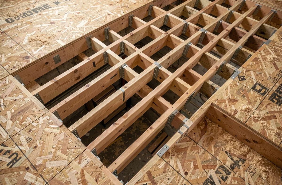 Vue aérienne des solives de plancher en bois espacées régulièrement avec connecteurs métalliques sur chantier