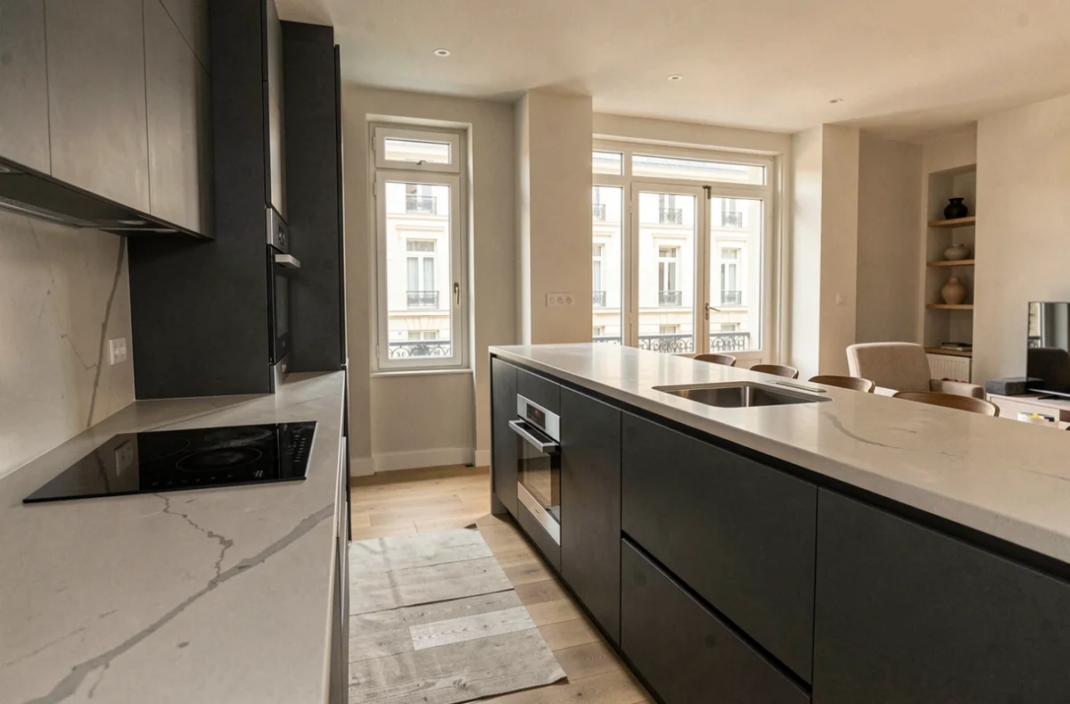 Cuisine rénovée par SPC Lille en laque anthracite avec plan de travail en quartz clair et péninsule dans un appartement haussmannien