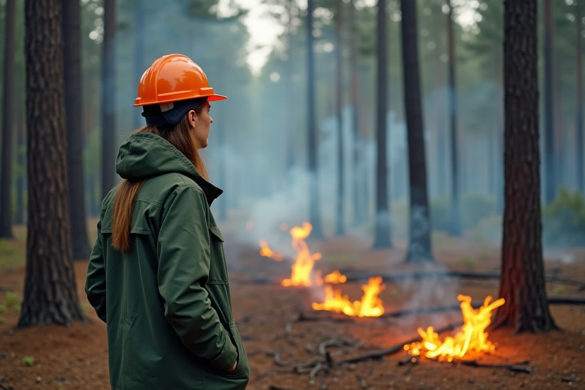 Spécialiste en gestion des terres supervisent un brûlage dirigé en forêt de pins