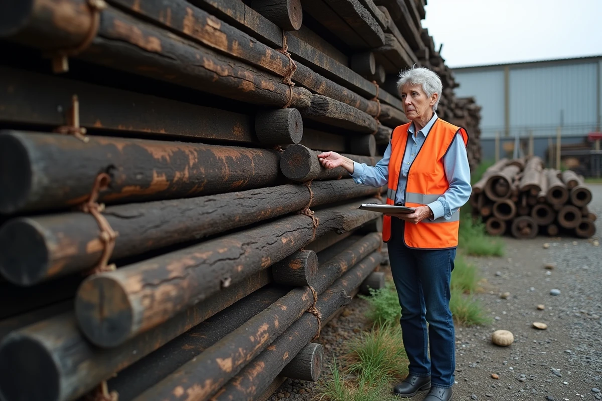 Femme inspectant un stock de vieilles traverses de chemin de fer traitées à la créosote dans un dépôt de récupération