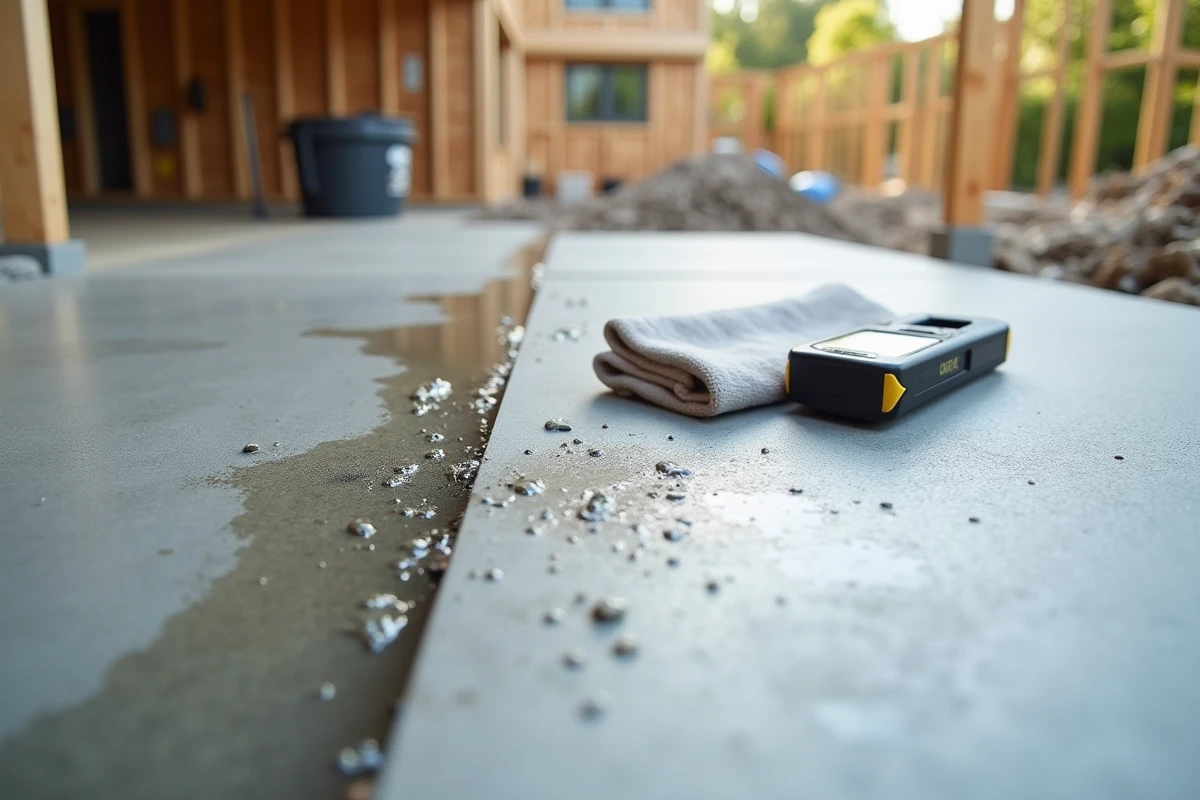 Gros plan sur une surface de béton humide en cours de séchage avec un humidimètre posé dessus