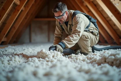 Entrepreneur soufflant de l'isolant en vrac dans un grenier résidentiel pour couvrir une large surface entre les solives