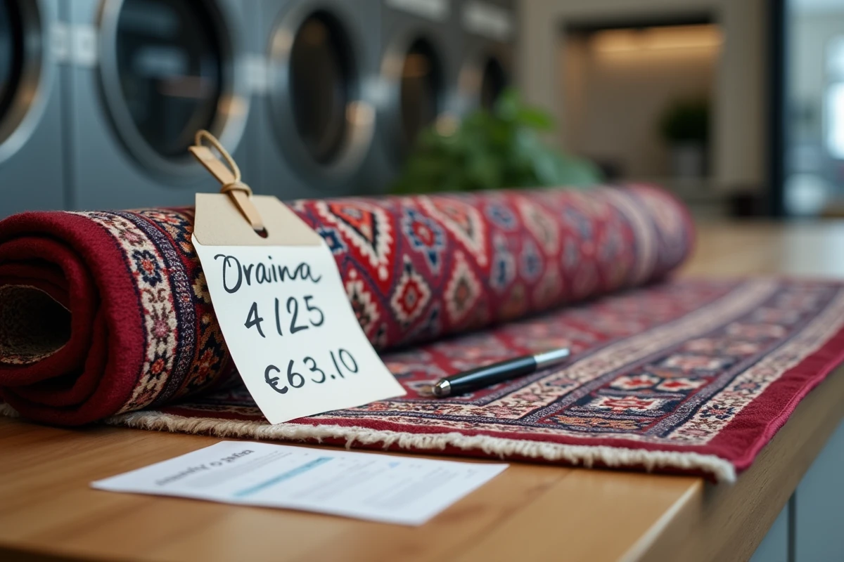Étiquette de tarif attachée à un tapis persan roulé sur le comptoir d'un pressing avec devis de nettoyage manuscrit