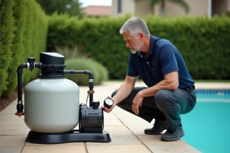 Technicien lisant le manomètre d'un filtre à sable de piscine dans un jardin résidentiel