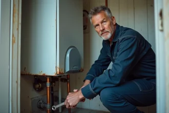 Technicien inspectant une vieille chaudière à gaz murale dans une chaufferie résidentielle, représentant la suppression des chaudières à gaz