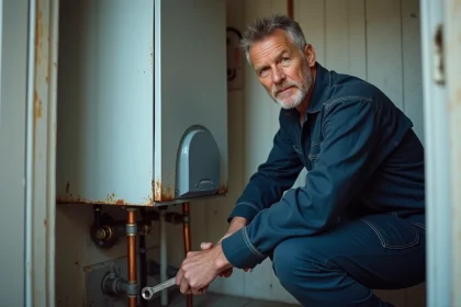 Technicien inspectant une vieille chaudière à gaz murale dans une chaufferie résidentielle, représentant la suppression des chaudières à gaz