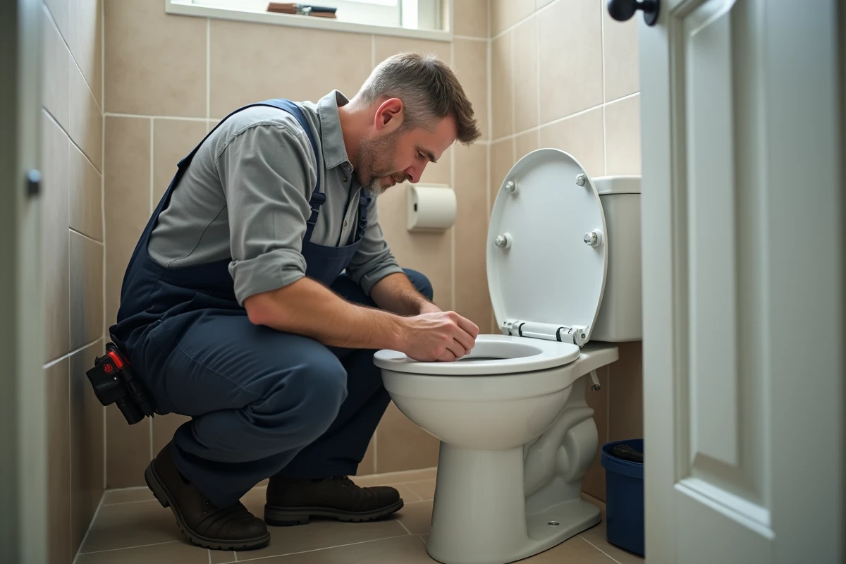 Technicien de maintenance inspectant un siège de toilette défaillant dans une salle de bain résidentielle