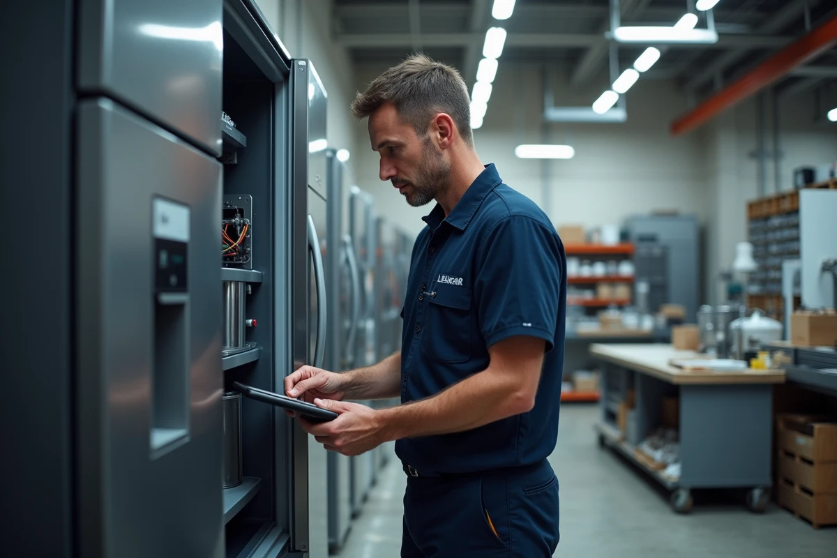 Technicien spécialisé inspectant les composants internes d'un appareil Liebherr dans un atelier de maintenance professionnel
