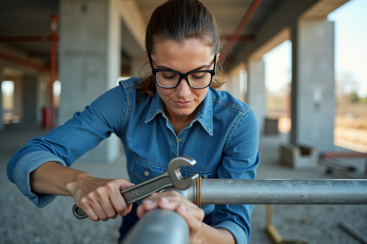 Femme technicienne utilisant une clé à molette sur un chantier de construction avec des équipements manuels professionnels