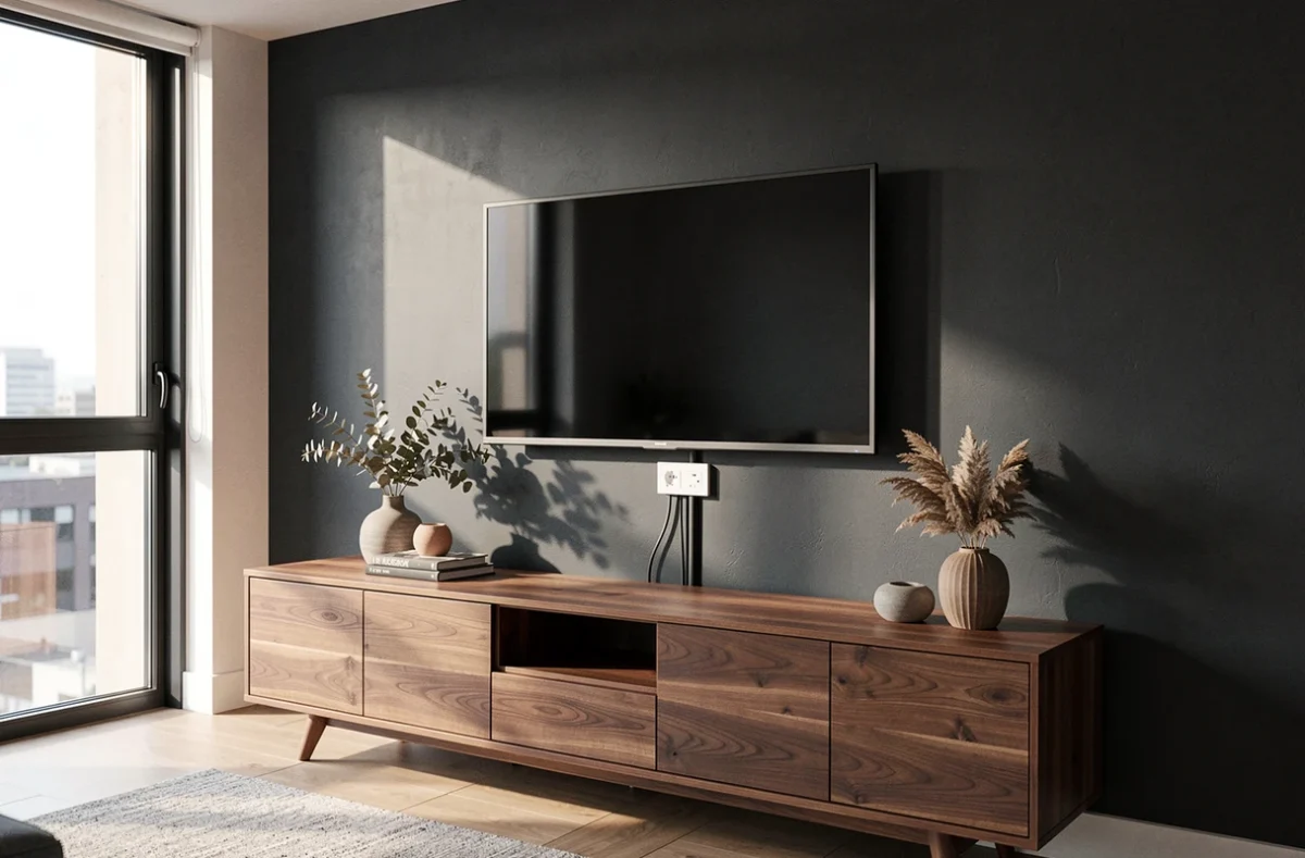 Télévision murale avec prise TV encastrée et câbles dissimulés dans un salon contemporain